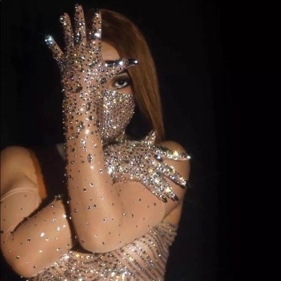 Rhinestones Spandex Elbow Length Gloves Crystals Embellished Long Mittens - Picture 2 of 11